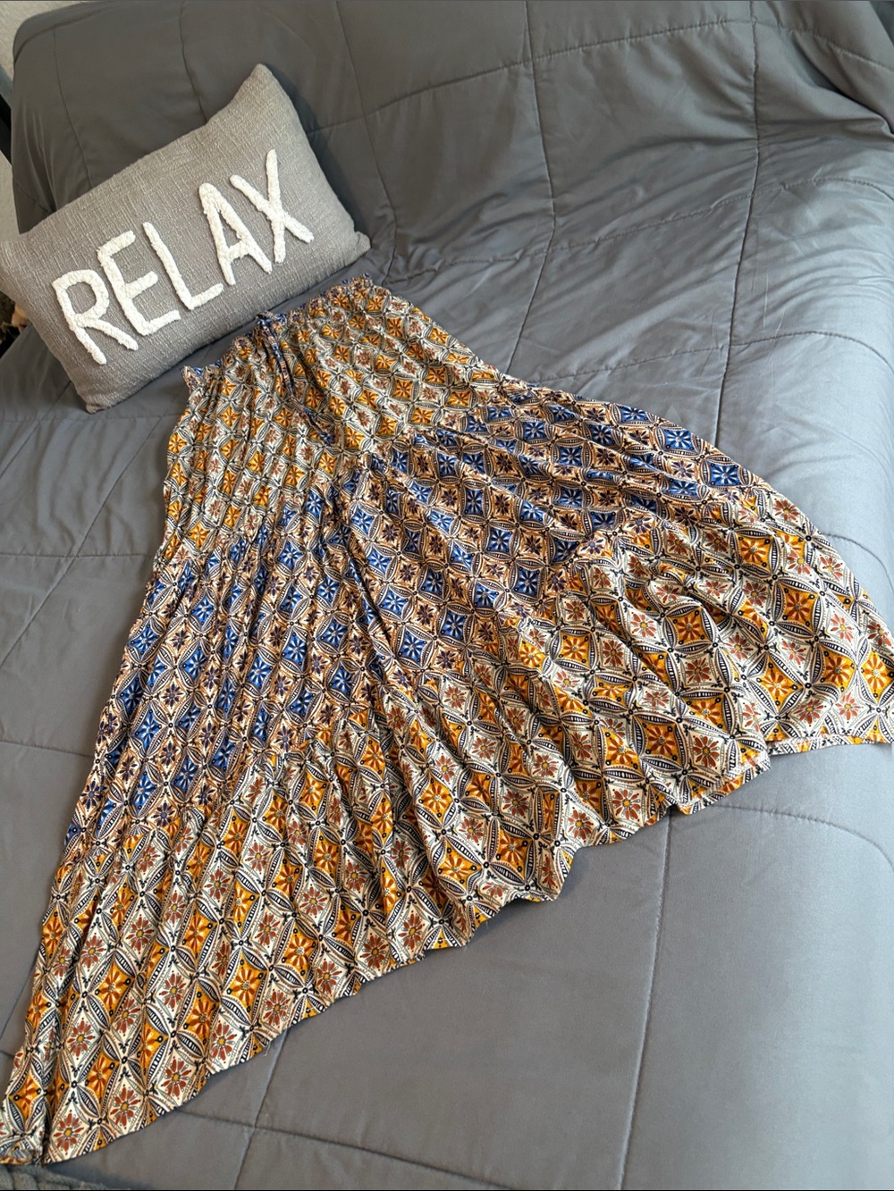 Boho Maxi Skirt Brown Blue Mustard Ethnic Pattern S New Tiered Bohemian Paisley